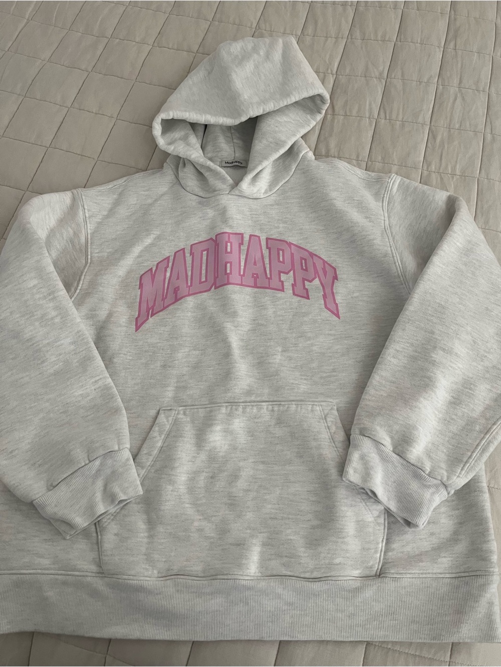 MadHappy Light Gray Hoodie with Pink Logo